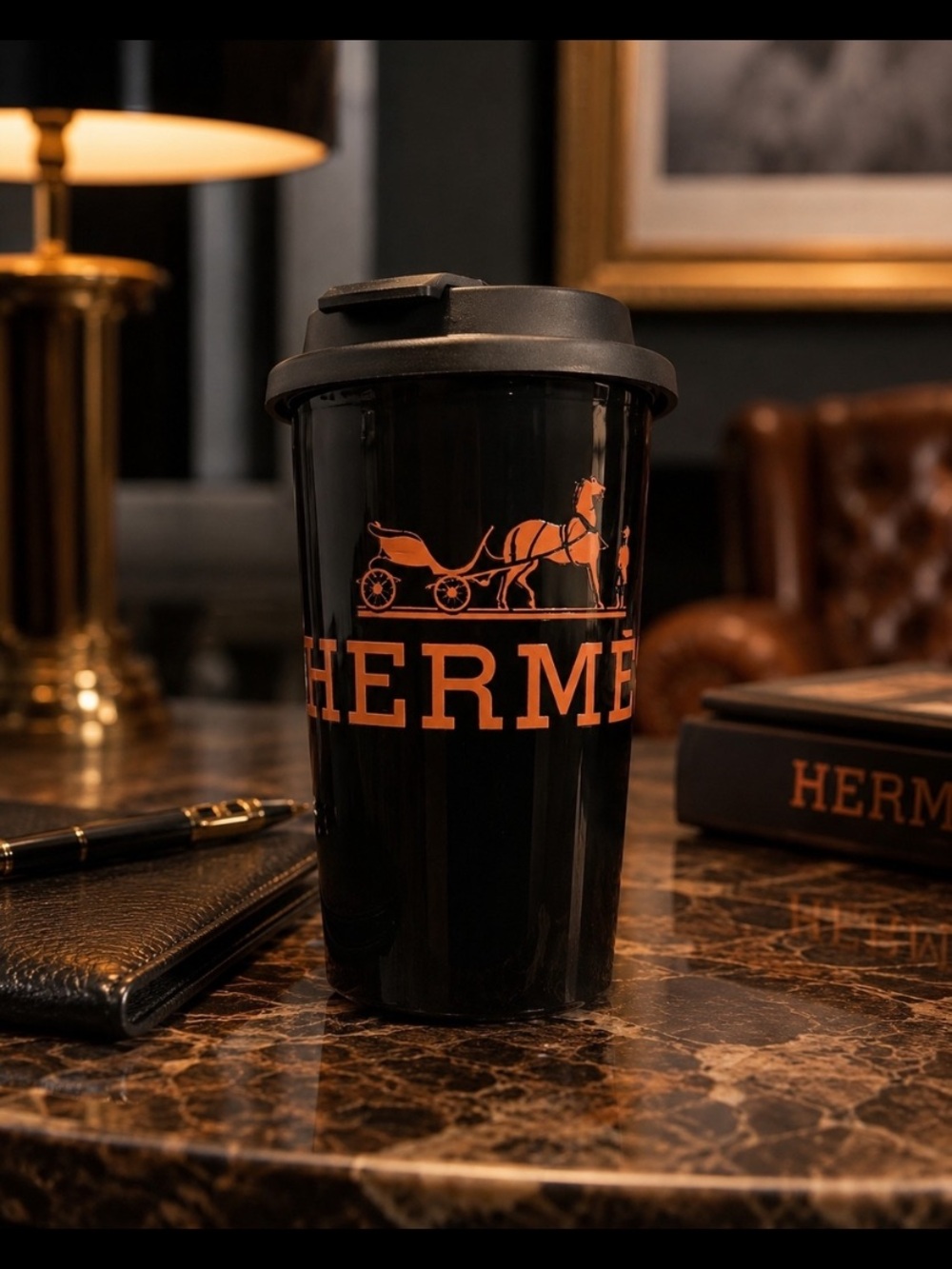 🍁 NEW 16oz Luxury H Black & Orange Travel Coffee Cup with Lid- Reusable ☕️